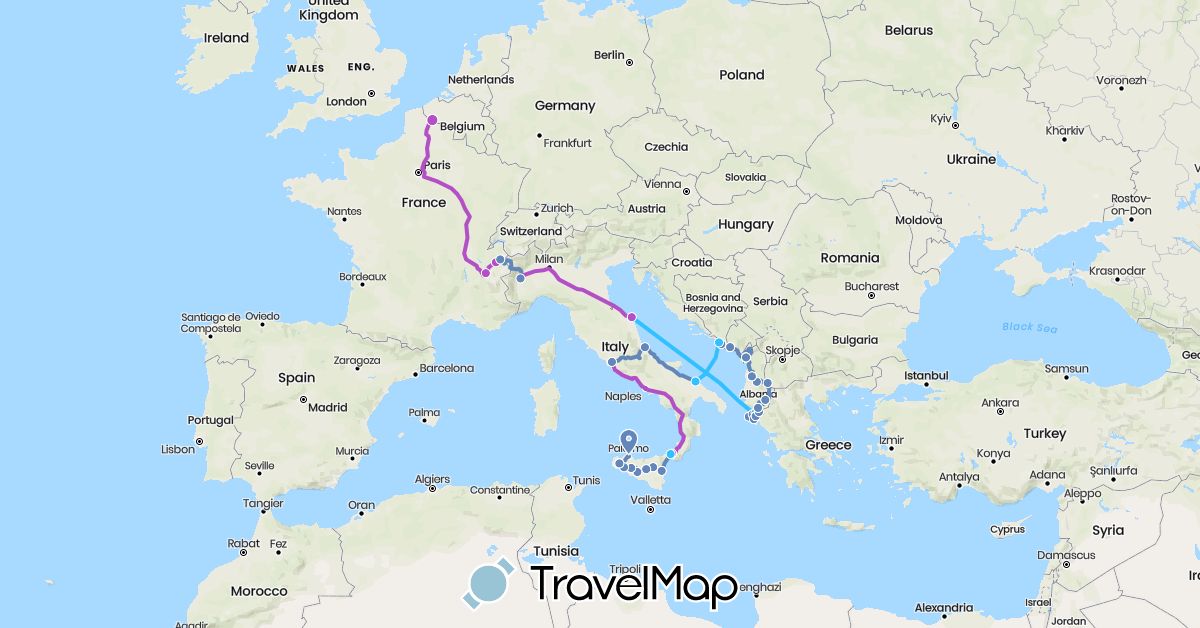TravelMap itinerary: cycling, train, boat in Albania, France, Greece, Croatia, Italy (Europe)