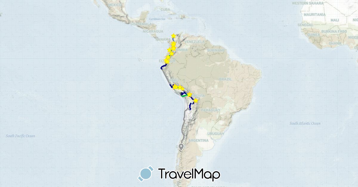 TravelMap itinerary: driving, bus, plane, cycling, train, hiking, boat, motorbike in Bolivia, Chile, Colombia, Ecuador, Peru (South America)