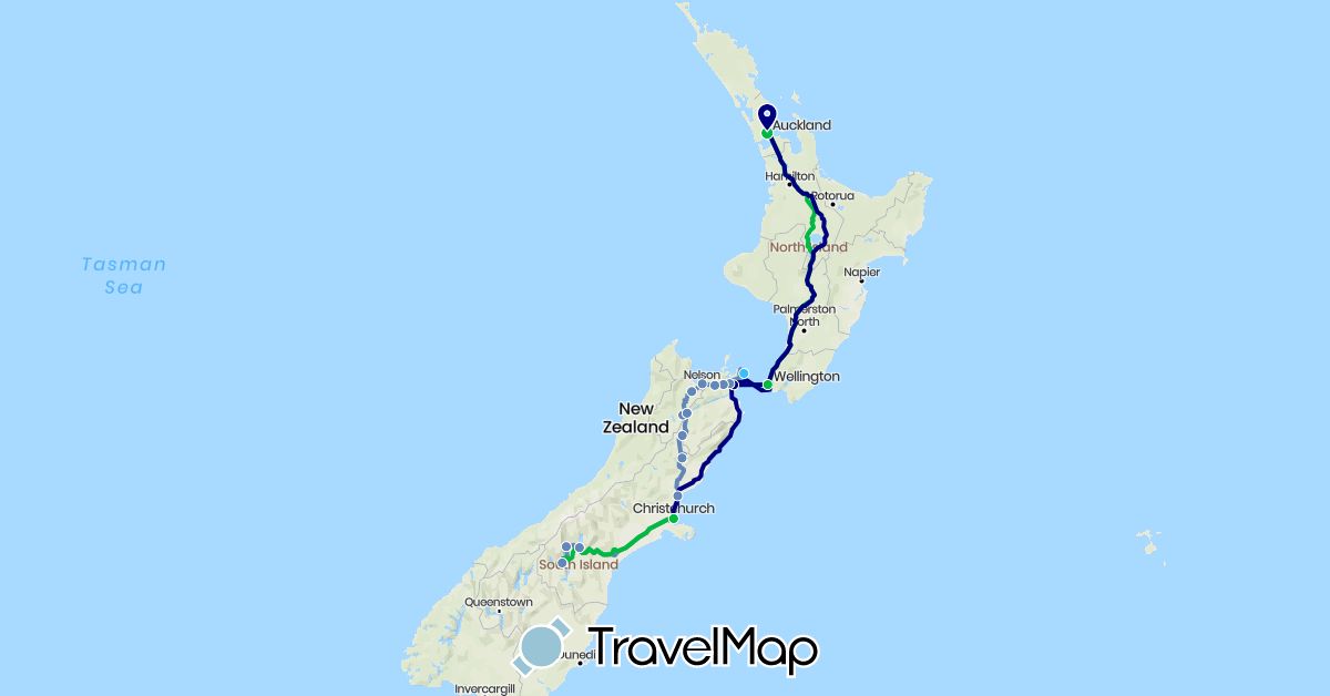 TravelMap itinerary: driving, bus, cycling, boat in New Zealand (Oceania)