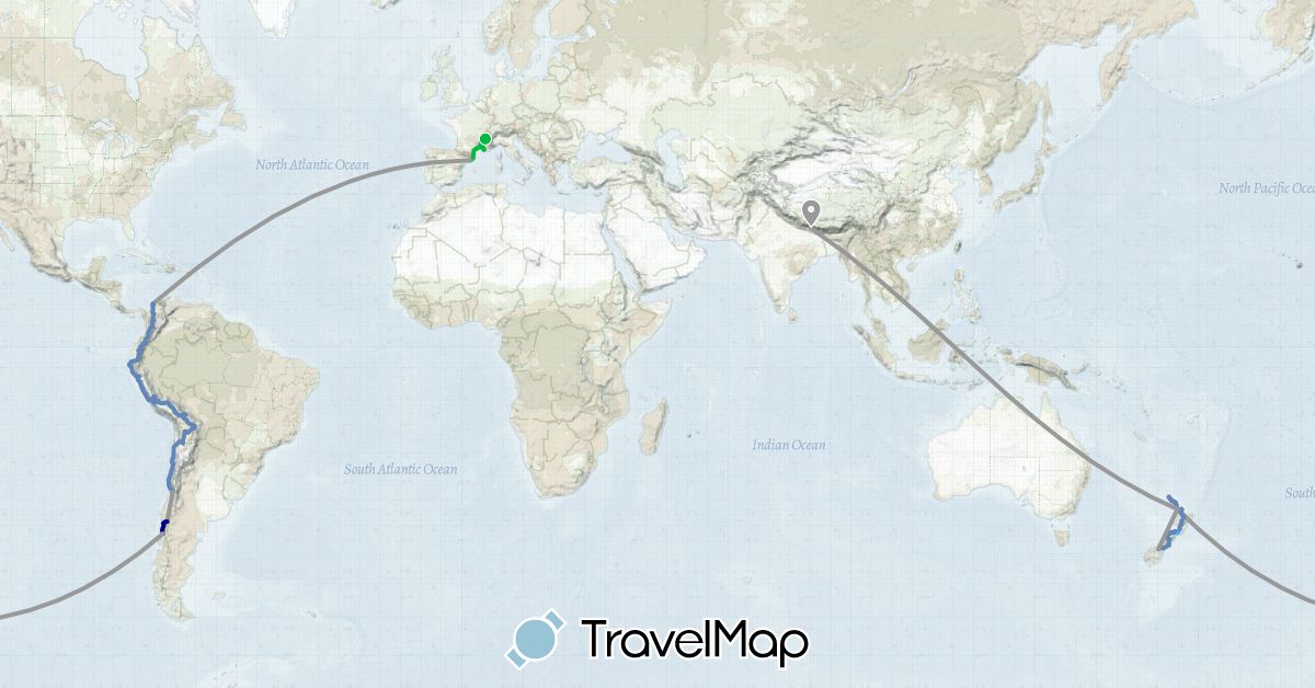 TravelMap itinerary: driving, bus, plane, cycling, boat in Bolivia, Chile, Colombia, Ecuador, Spain, France, Nepal, New Zealand, Peru (Asia, Europe, Oceania, South America)