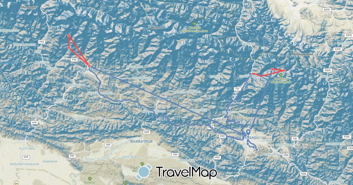 TravelMap itinerary: driving, cycling, hiking in Nepal (Asia)