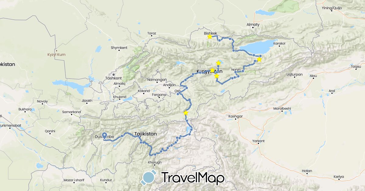TravelMap itinerary: driving, cycling in Kyrgyzstan, Tajikistan (Asia)